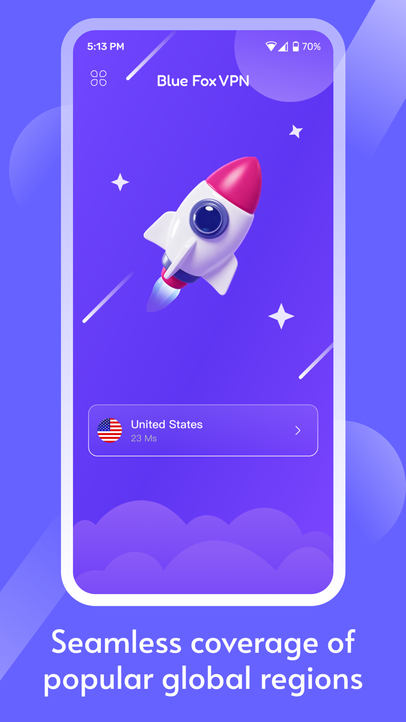 Blue Fox VPN home screen with United States server selected