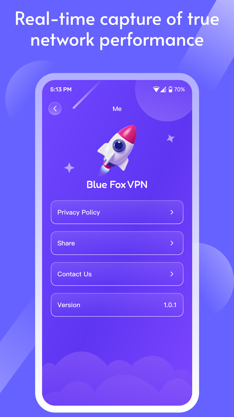 Blue Fox VPN profile screen with privacy, sharing, contact, and version links